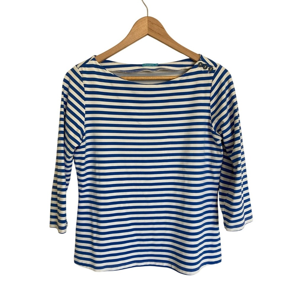 J McLaughlin Wavesong Striped Blue White Boatneck Top Size M 3/4 Sleeve Knit